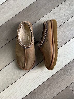 UGG Tasman slippers in a chestnut suede color